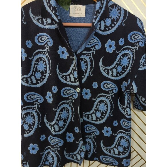 ZARA GIRLS Jacquard Shirt Button Up Blue Paisley Knit Collared Size 13/14 - Picture 3 of 7